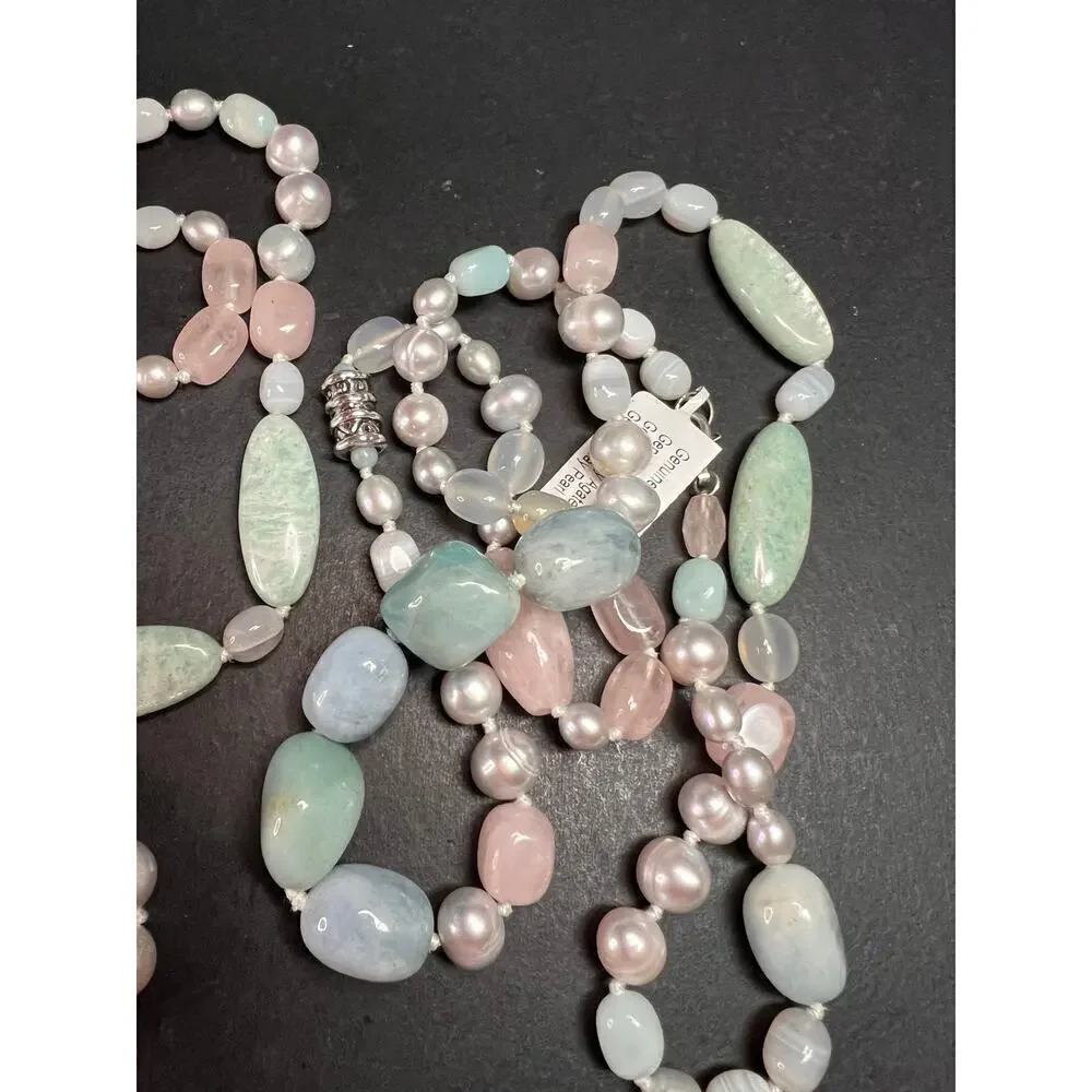 NEW dead stock amazonite , pearl multi stone sterling silver 30 inch necklace